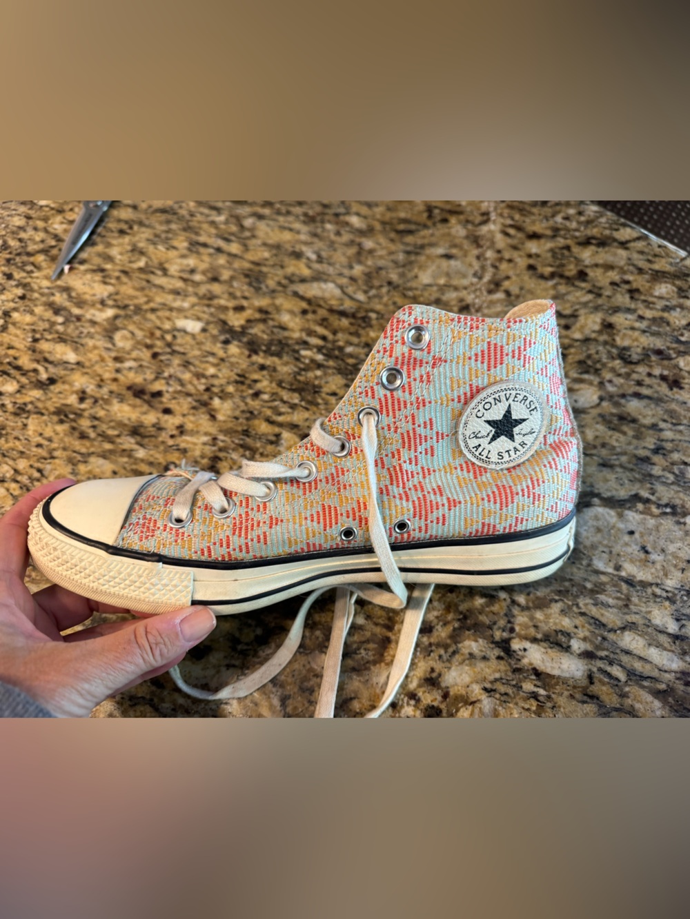 Converse women’s size 10 High Top Sneakers in Cream with Orange and Pink Pattern